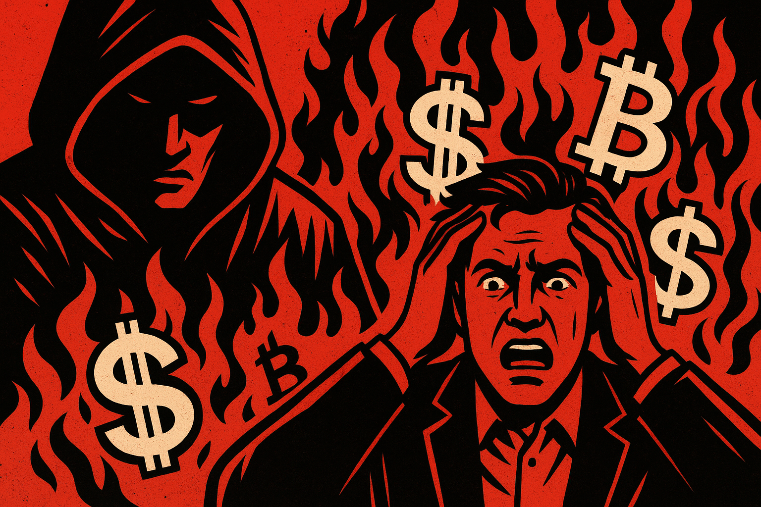 Homme paniqué, hacker en capuche, flammes, symboles $ et Bitcoin.