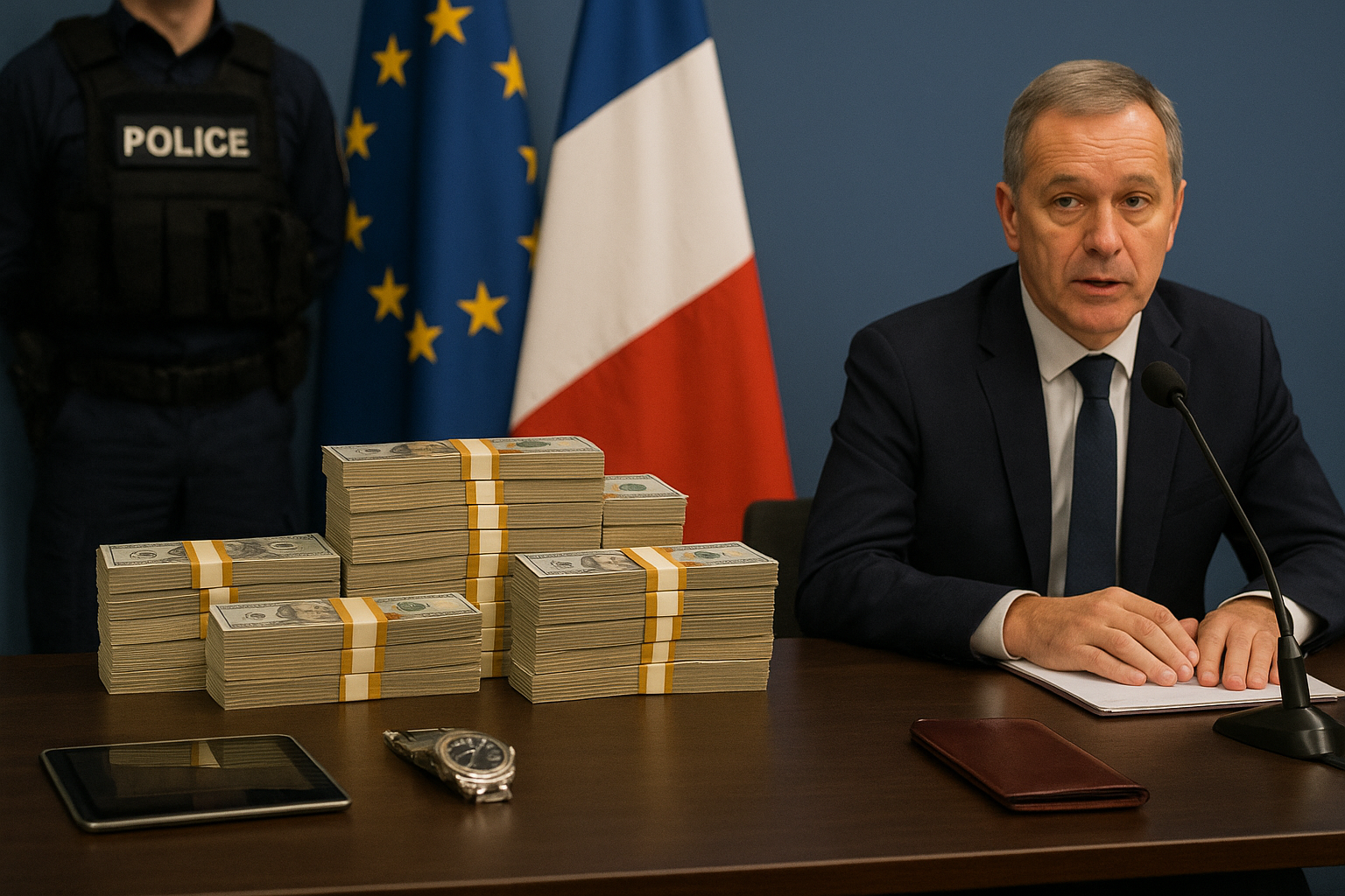 Un responsable européen, assis en conférence de presse, prend la parole face à des piles de billets saisis sur la table. À l’arrière-plan, on aperçoit les drapeaux de l’Union européenne et de la France, ainsi qu’un agent de police. Le tout évoque une opération sérieuse et structurée contre la criminalité crypto, parfaitement adaptée à votre article.
