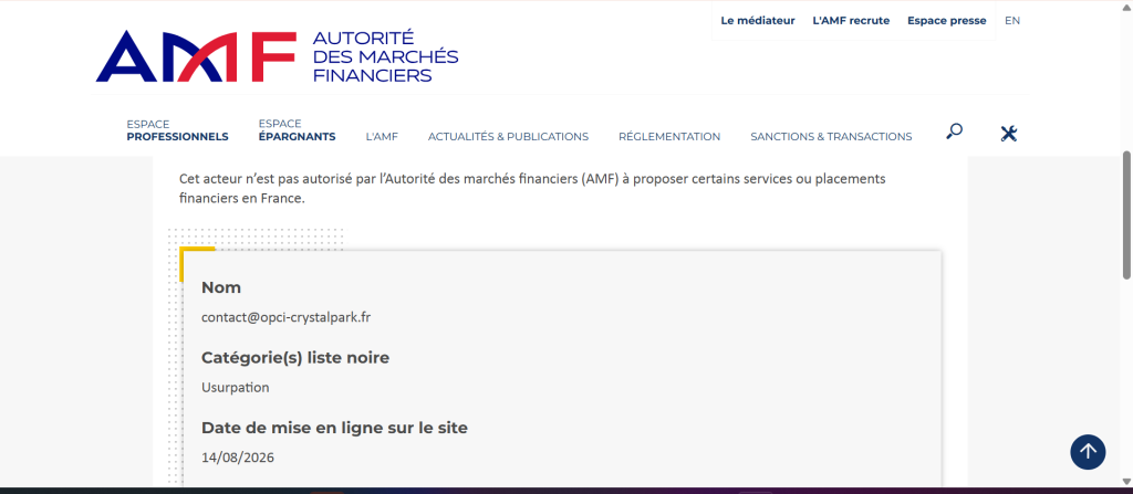contact@opci-crystalpark.fr sur sa liste noire.